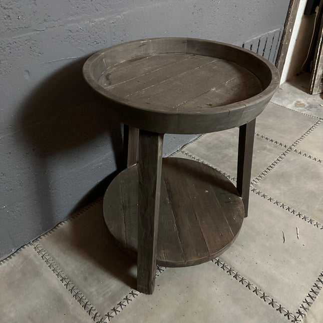 Driftwood Rond Tafeltje 2-laags met Schaal – Authentiek Houten Bijzettafeltje