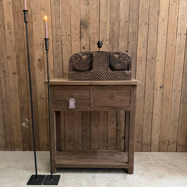 Driftwood sidetable met 2 lades en onderplank | Landelijke houten wandtafel