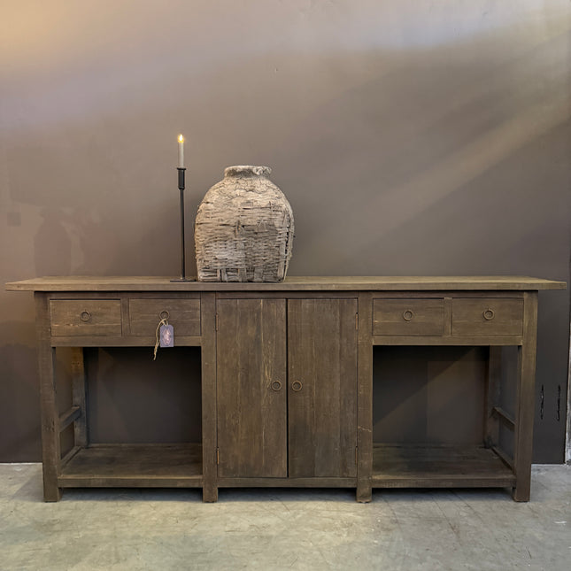 Driftwood Sidetable / Dressoir 220 cm – Landelijk Oud Houten Dressoir met Lades en Deuren