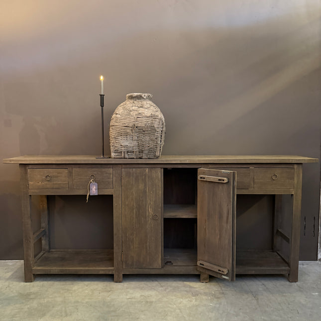 Driftwood Sidetable / Dressoir 220 cm – Landelijk Oud Houten Dressoir met Lades en Deuren