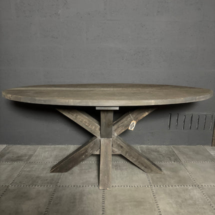Driftwood Ovale Eettafel met Spinpoot | Robuuste Houten Tafel Landelijke Stijl
