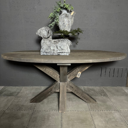 Driftwood Ovale Eettafel met Spinpoot | Robuuste Houten Tafel Landelijke Stijl