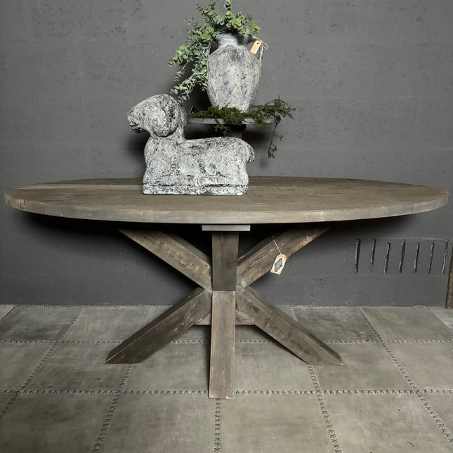 Driftwood Ovale Eettafel met Spinpoot | Robuuste Houten Tafel Landelijke Stijl