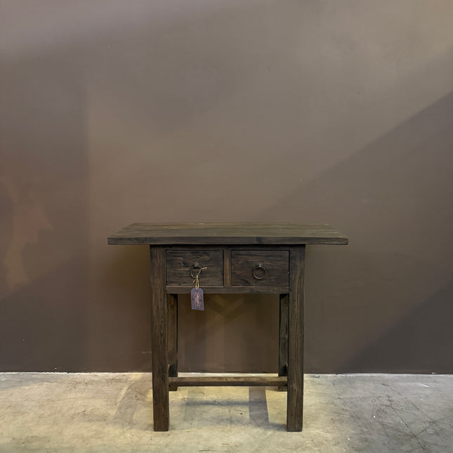 Grey Brown Sidetable met 2 Lades | Landelijke Houten Wandtafel 90 cm