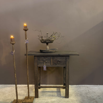 Grey Brown Sidetable met 2 Lades | Landelijke Houten Wandtafel 90 cm