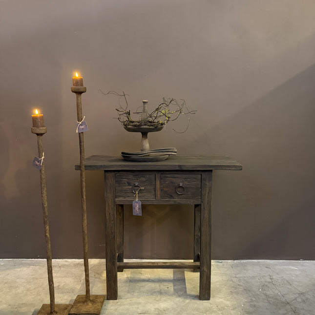 Grey Brown Sidetable met 2 Lades | Landelijke Houten Wandtafel 90 cm