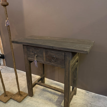 Grey Brown Sidetable met 2 Lades | Landelijke Houten Wandtafel 90 cm