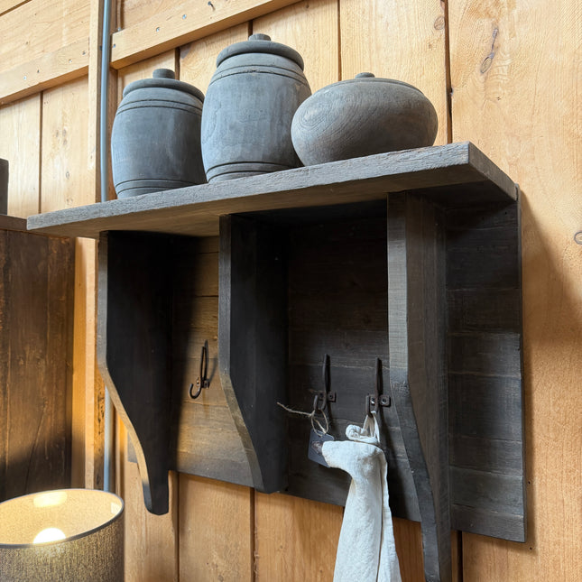 Driftwood Wandrek 80 cm met Vakken & Haken | Landelijk Houten Wandrek