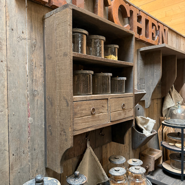 Driftwood Wandrek 80 cm met 2 Laden & Haken | Landelijk Keukenrek