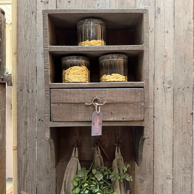 Driftwood Wandrek 70 cm met Lade & Haken | Landelijk Keukenrek