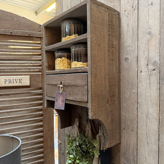 Driftwood Wandrek 70 cm met Lade & Haken | Landelijk Keukenrek