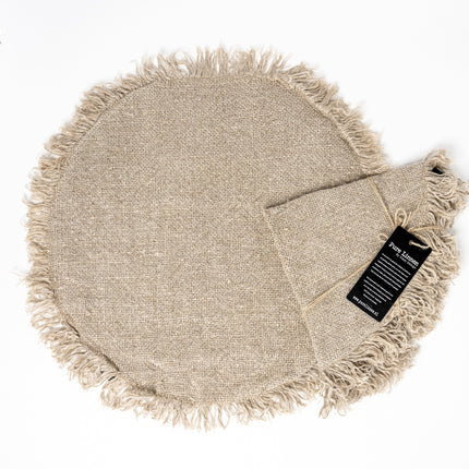 Linnen Ize Placemat Rond Naturel – Grof Linnen met Franjes